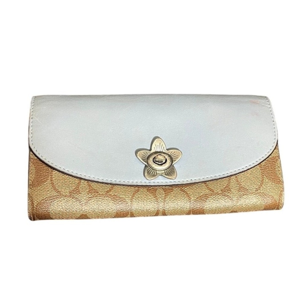 Coach Wallet Women OS Blue Tan Signature Canvas Tea Rose Turnlock Accordion